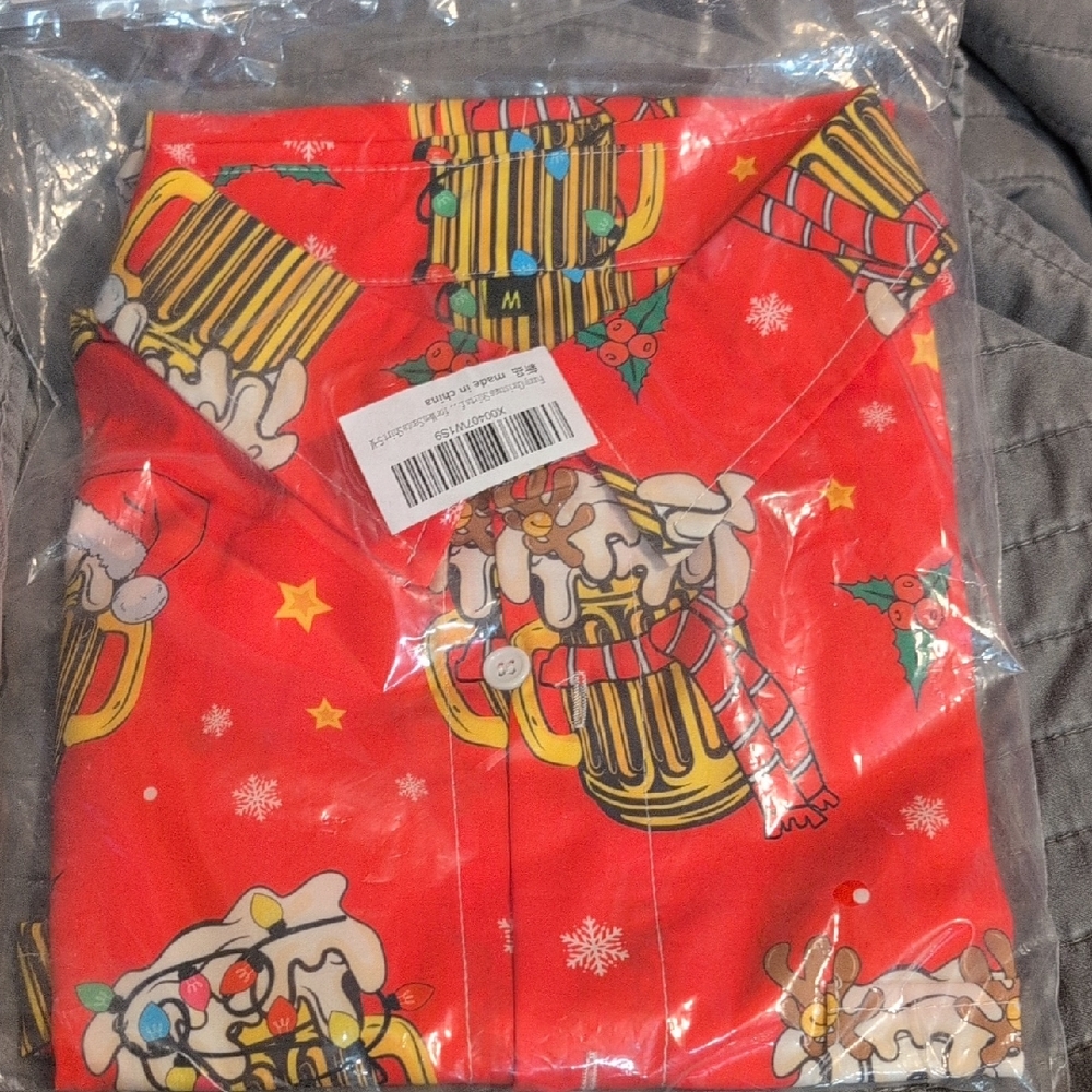 Festive Red Holiday Shirt with Beer Mug Print